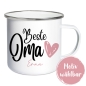 Preview: Emaille Tasse "Beste Oma" mit Namen - weiß/silber | personalisiert