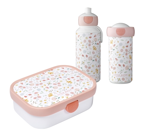 Pausen-Set Flowers & Butterflies, Brotdose, Pop-Up Flasche und Trinkbecher | Mepal x Little Dutch