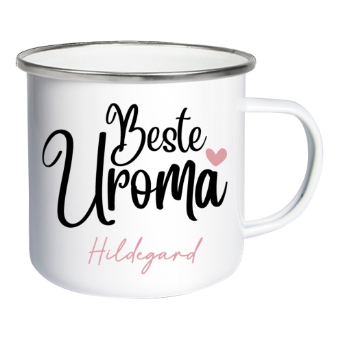 Emailletasse Weiß/Silber - Beste Uroma | Schmatzepuffer