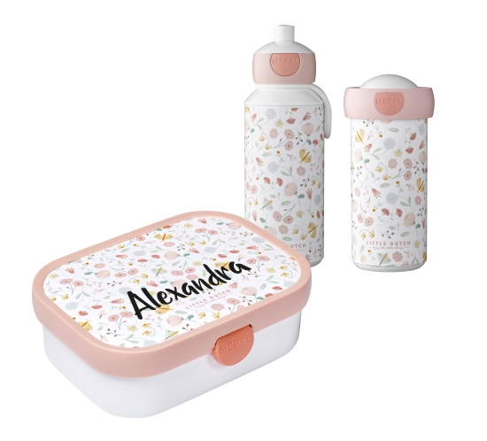 Pausen-Set Flowers & Butterflies, Brotdose, Pop-Up Flasche und Trinkbecher | Mepal x Little Dutch