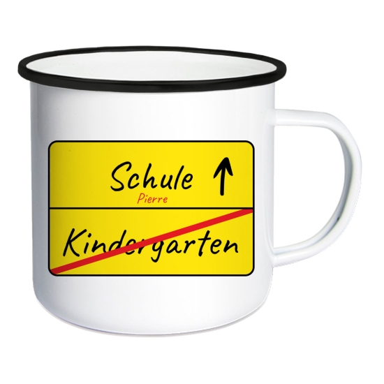 Emailletasse Weiß/Schwarz - Schulkind | Schmatzepuffer