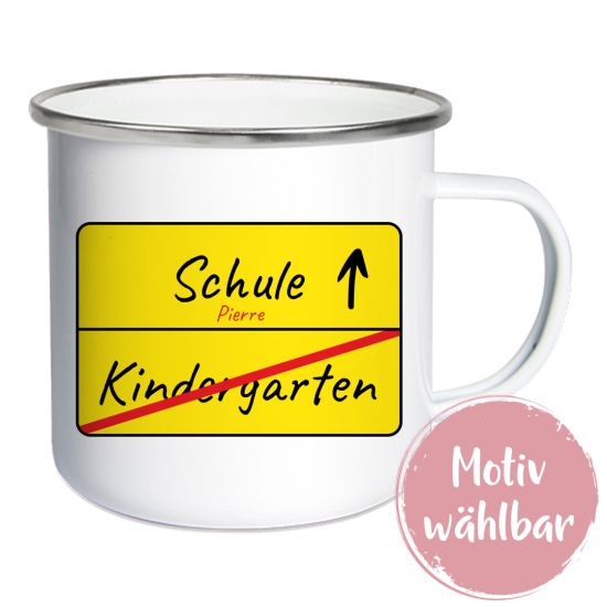 Emailletasse Weiß/Silber - Schulkind | Schmatzepuffer