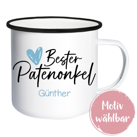 Emailletasse Weiß/Schwarz - Bester Patenonkel | Schmatzepuffer