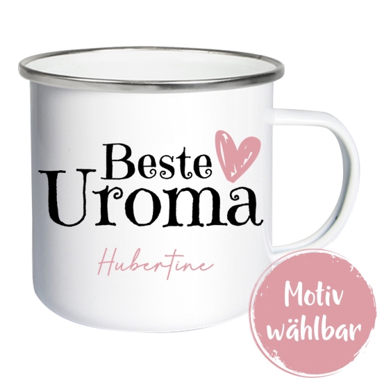 Emailletasse Weiß/Silber - Beste Uroma | Schmatzepuffer