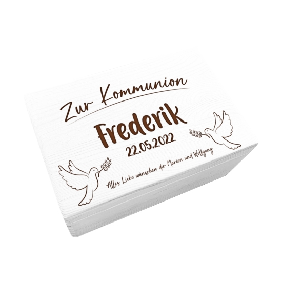 Erinnerungsbox XL - Zur Kommunion Friedenstaube - Gelasert | Schmatzepuffer