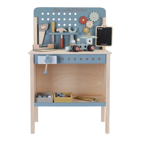 Werkbank mit gratis Lasergravur, Holz blau | Little Dutch